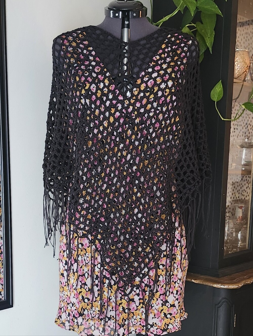 Black Crochet Poncho Wrap With Fringe Openwork Handmade